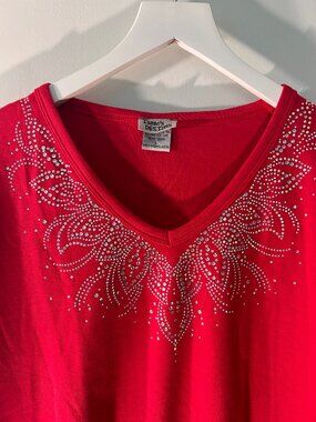 Isaac’s Designs Red Rhinestone V-Neck Cotton T-Shirt Western Glam - Size Large